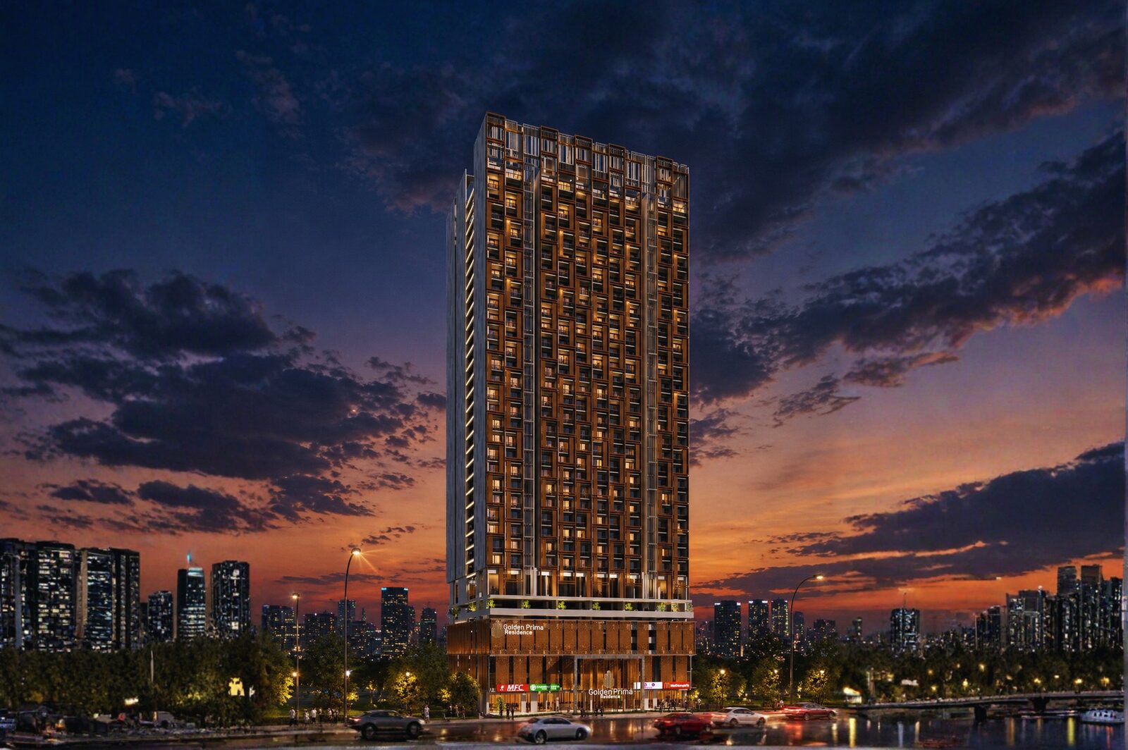 Gedung Golden Prima Residence pada malam hari di Jl. Pabrik Tenun, Medan