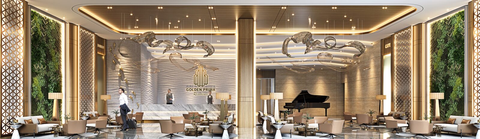 Lobi utama Golden Prima Residence dengan meja resepsionis dan area duduk
