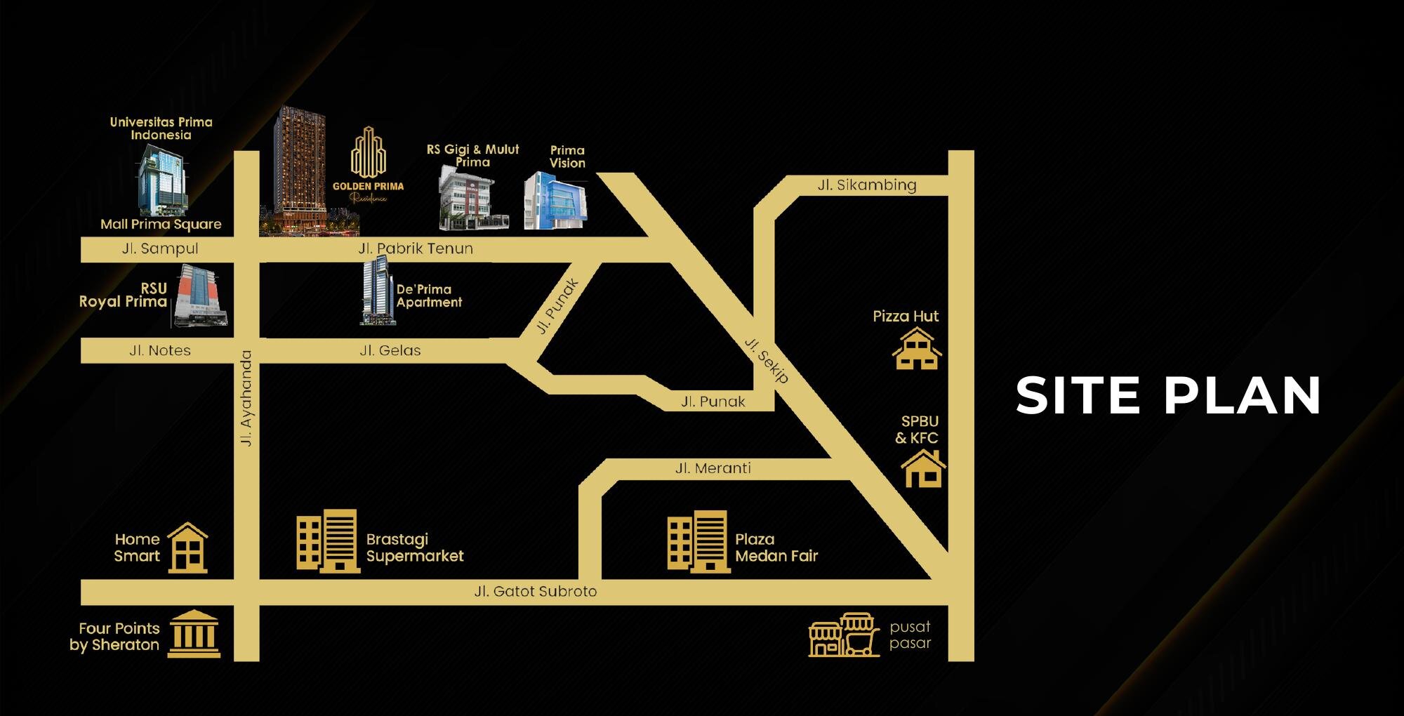 Site plan kawasan Golden Prima Residence beserta akses jalan sekitarnya